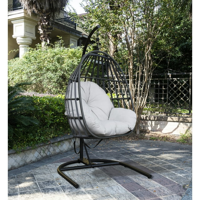 Outdoor/Indoor Wicker Hanging Collapsible Egg Chair with Olefin Cushion and Metal Stand Light
