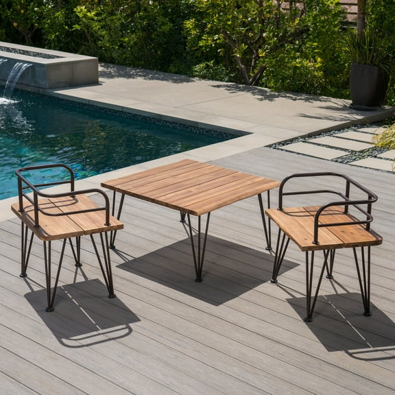 Outdoor Industrial 3 Piece Acacia Wood Coffee Table Chat Set with Iron Frame,Rustic,Teak