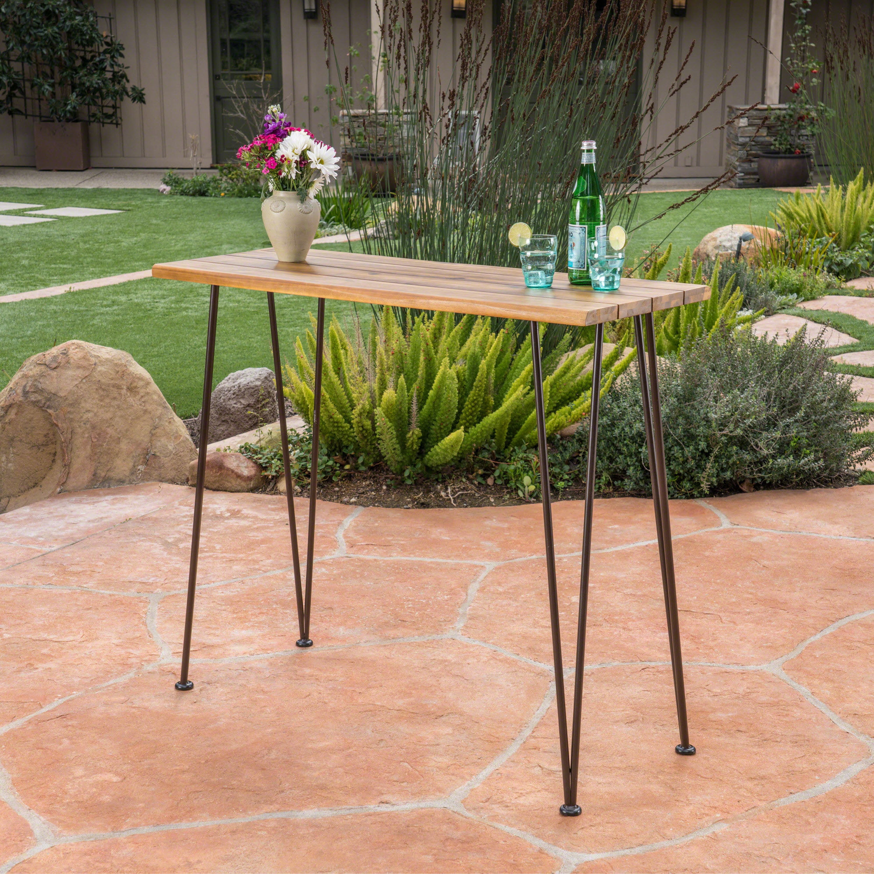 Outdoor Industrial Style Bar Height Table, Wood and Metal Combined Desktop for Patio Bar, Teak and Black