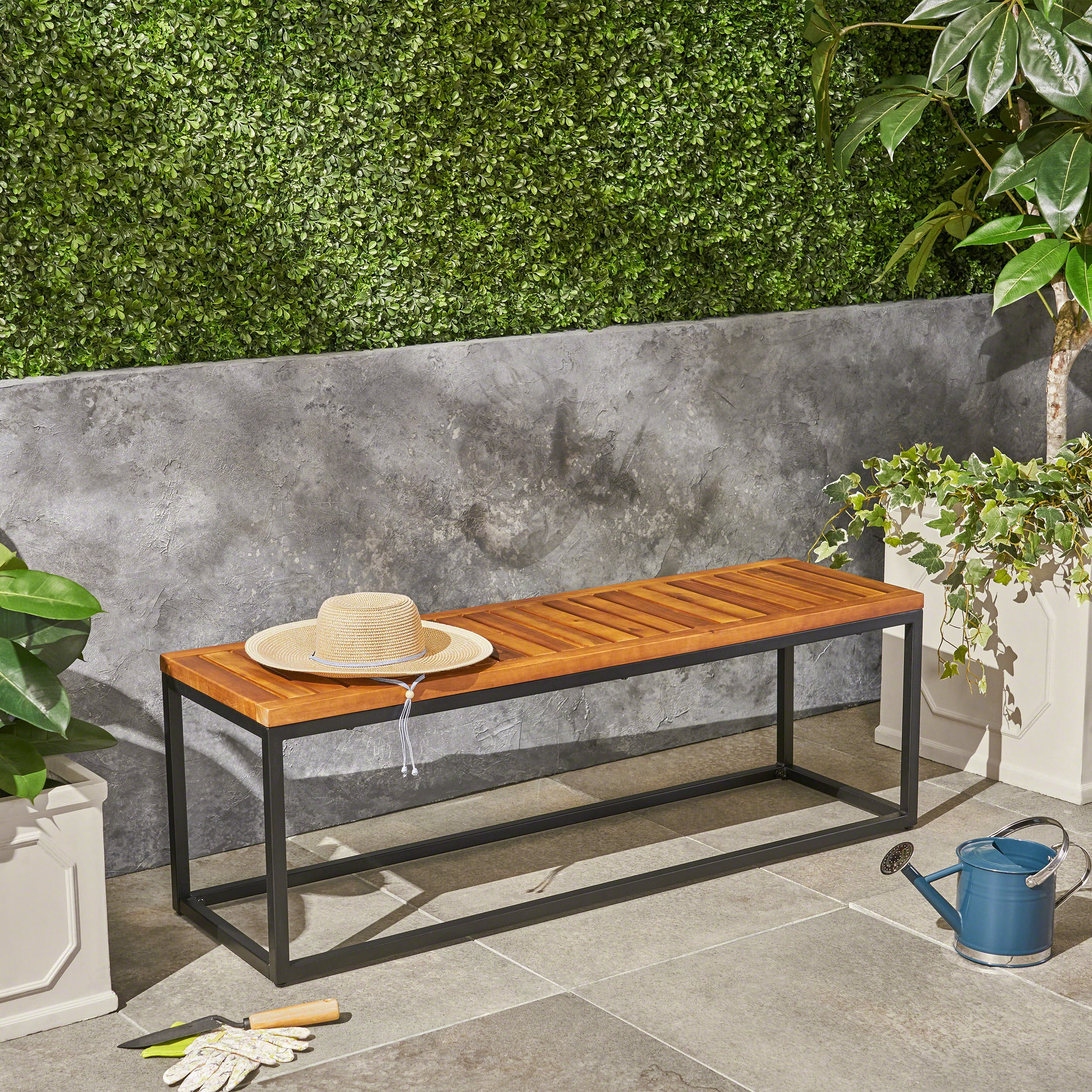 Outdoor Industrial Style Leisure Bench, Wood and Metal Combined Rest Seat for Patio Garden, Teak and Black