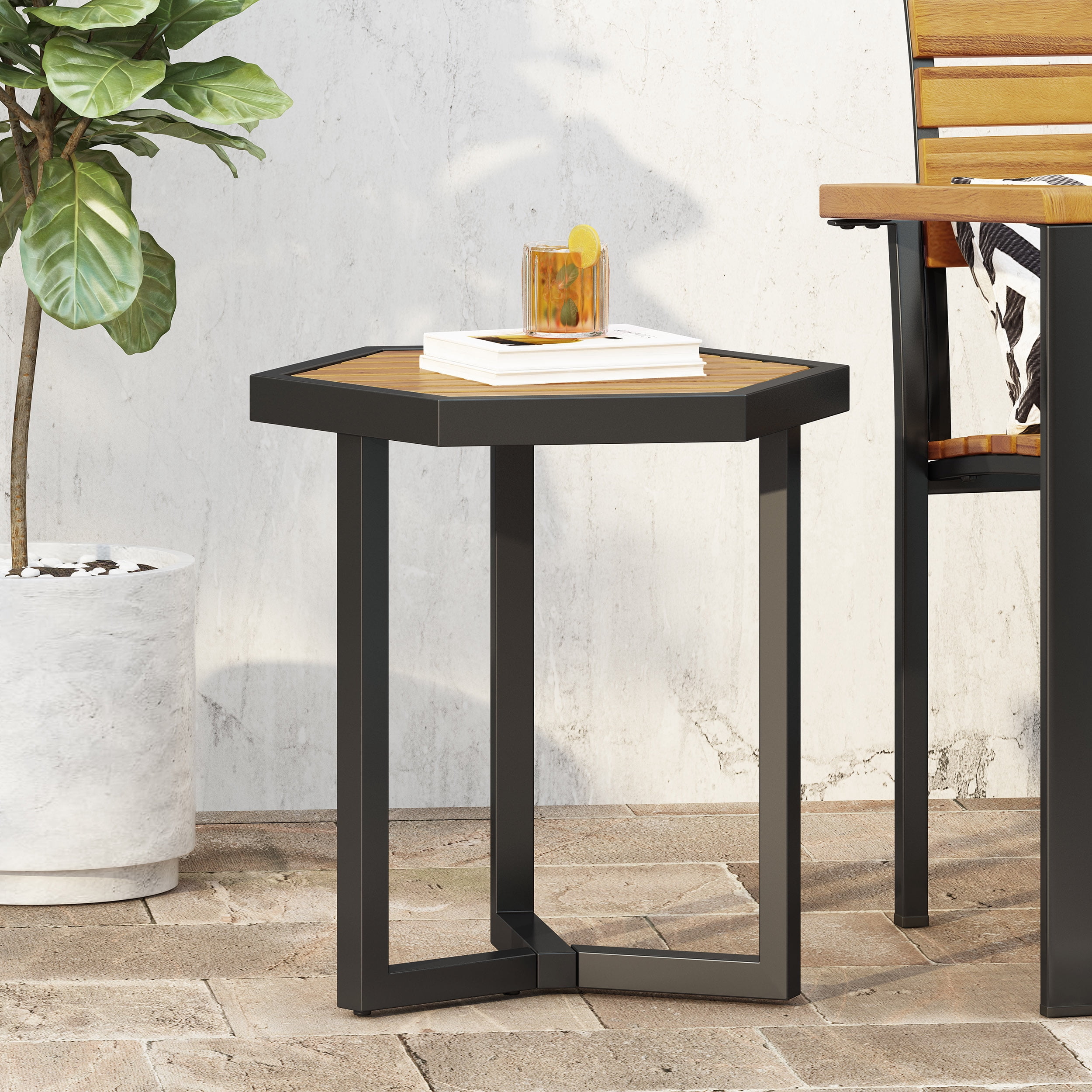 Outdoor Industrial Style Side Table, Wood and Metal Craft Accent Table for Patio Garden, Wood and Black