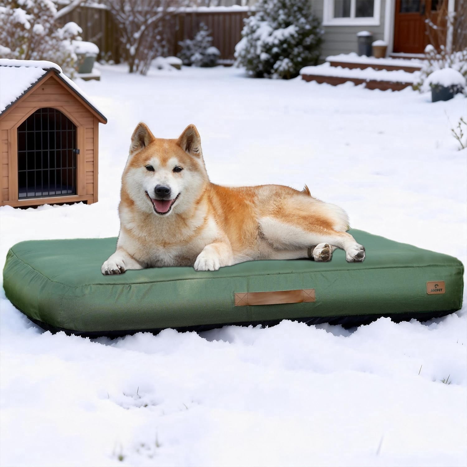 Outdoor Inflatable Dog Bed for Small Dogs, Outdoor Travel Dogs Met with Removeable Cover, Inflated Dog Bed Waterproof Summer Pet Mat with Anti-Slip Bottom, Army Green