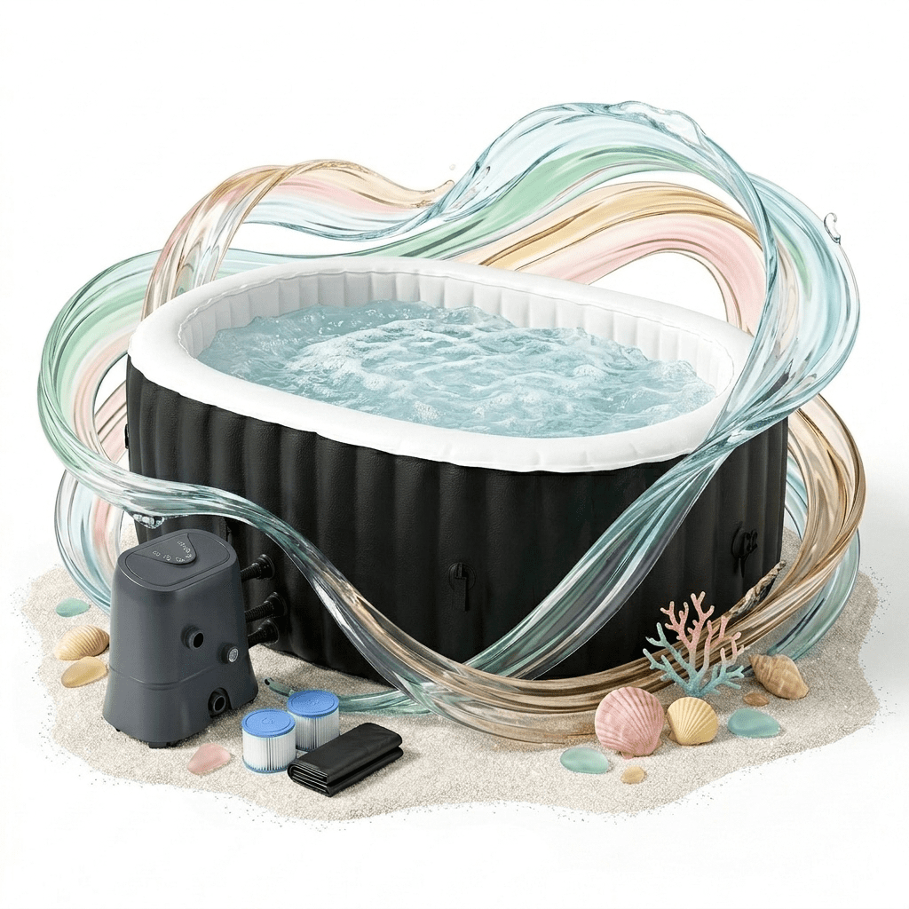 Outdoor Inflatable Hot Tub Spa for 2 Person Oval 145 Gallon Backyard Couple AirJet Hottub with 90 Bubble Jets - Control Panel, Includes Energy Efficient Cover and Filter and Side Table