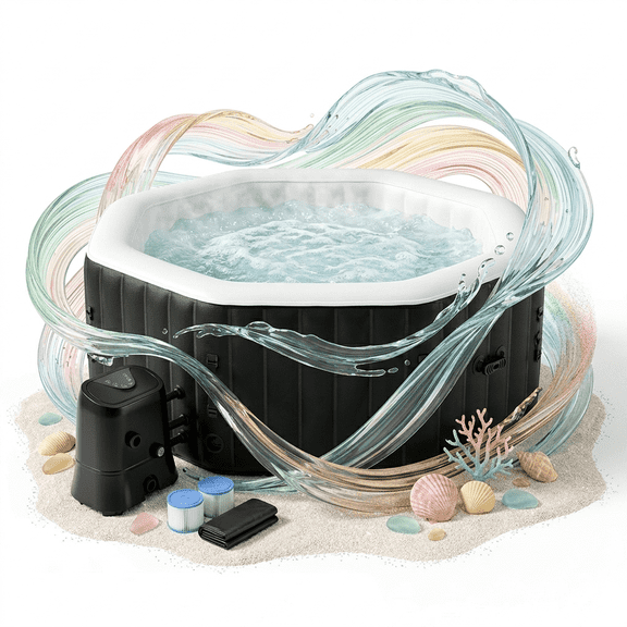 Outdoor Inflatable Hot Tub Spa for 6 Person Polygon 240 Gallon Backyard Couple AirJet Hottub with 130 Bubble Jets - Control Panel, Includes Energy Efficient Cover and Filter and Floor Protector