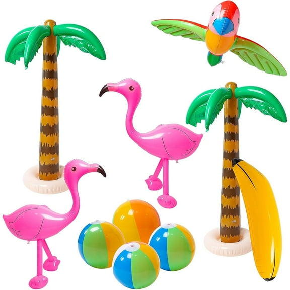 Outdoor Inflatable Palm Tree Flamingo Banana Ball Beach Pool Toys for Tropical Hawaiian Party Summer Pool Beach Party Decorations Rings