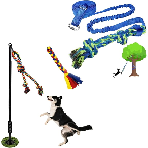 Outdoor Interactive Dog Toys,Tether Tug Outdoor Dog Toy Exercise Equipment in Yard Park with 2 Rope Toy for Large Medium Small Dogs Pull Chase and Tug of War