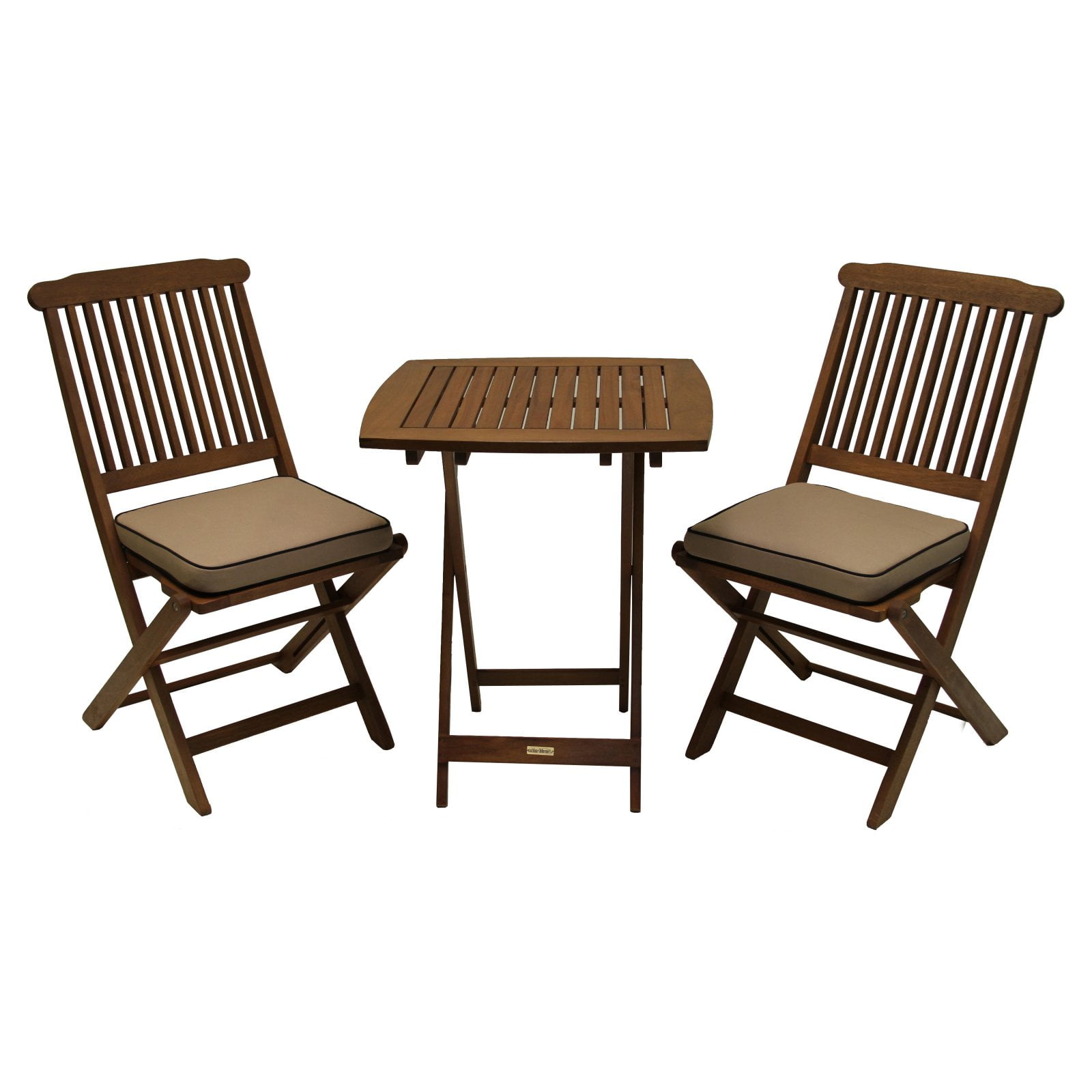 Eco-Friendly Eucalyptus 3-Piece Bistro Set with Beige Cushions