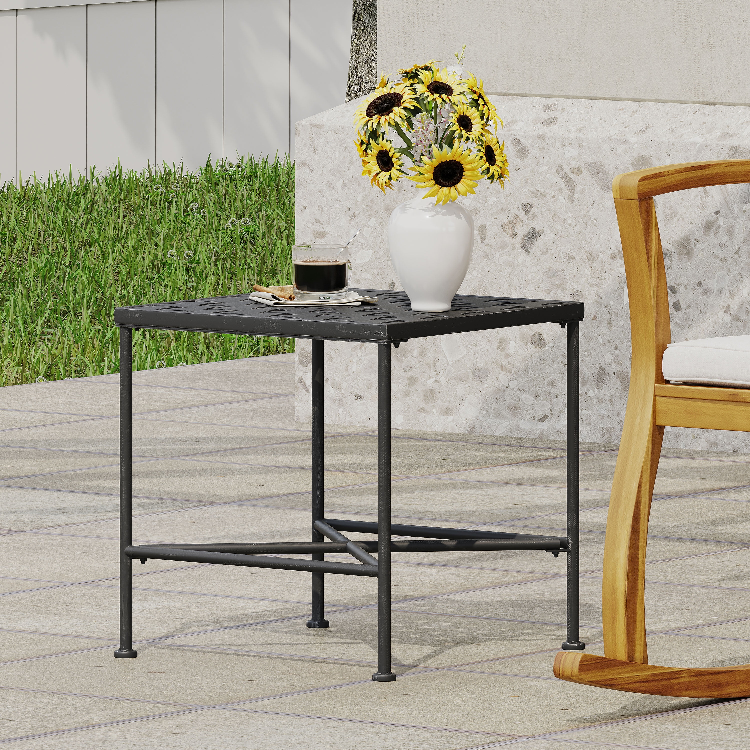 Outdoor Iron Frame End Side Table, Simple Decor Accent Table for Patio Garden, Black Brush Silver