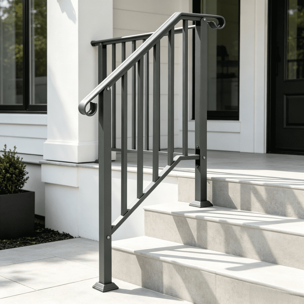 Cur Metal Rails Outdoor Iron Handrail Stair Railing 2-Step Silver Powder Coated ...