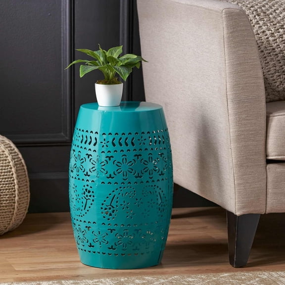 Outdoor Iron Side Table for Patio,Indoor End Table for Living Room,12 inch Lace Cut Side Table with Light Weight,Teal