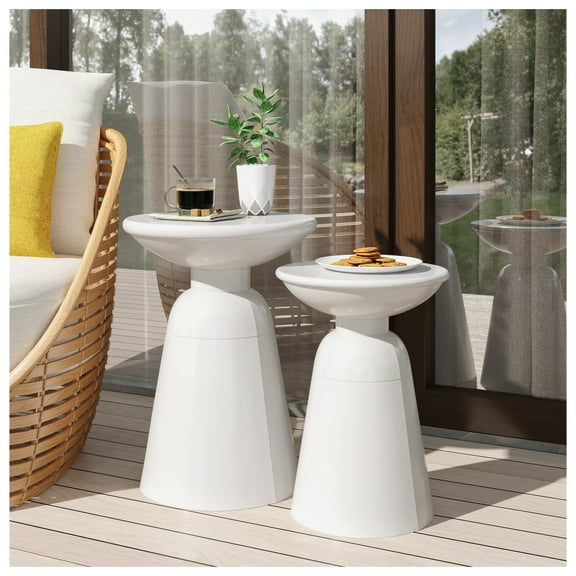 Outdoor Iron Side Tables, Set of 2 - White Flared Design - Modern Patio End Tables - Versatile Small Accent Tables for Indoor/Outdoor Use