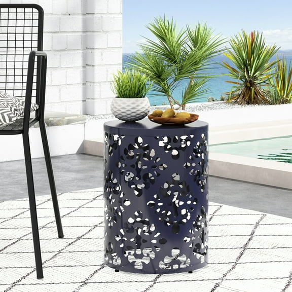 Outdoor Iron Table - Large Size, Navy Blue, Fascinating Cut Design, 13.75”w X 13.75”d 18.00”h, No Assembly Required Notably Metal End With Modern Design And Pattern,