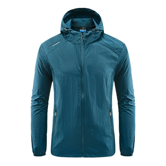 Outdoor Jacket Men Fall Jacket Windbreaker with Hooded Parkas Thin Padded Jacket Windproof Outdoor for Winter Coat Mens Hooded Rain Coat for Traveling Climbing Hiking, Light Blue&XXL