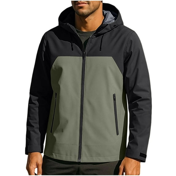 Outdoor Jackets For Men Hooded Drawstring Zip Up Color Block Outdwear With Zipper Pockets Windproof Waterproof Coat (XL, Army Green)