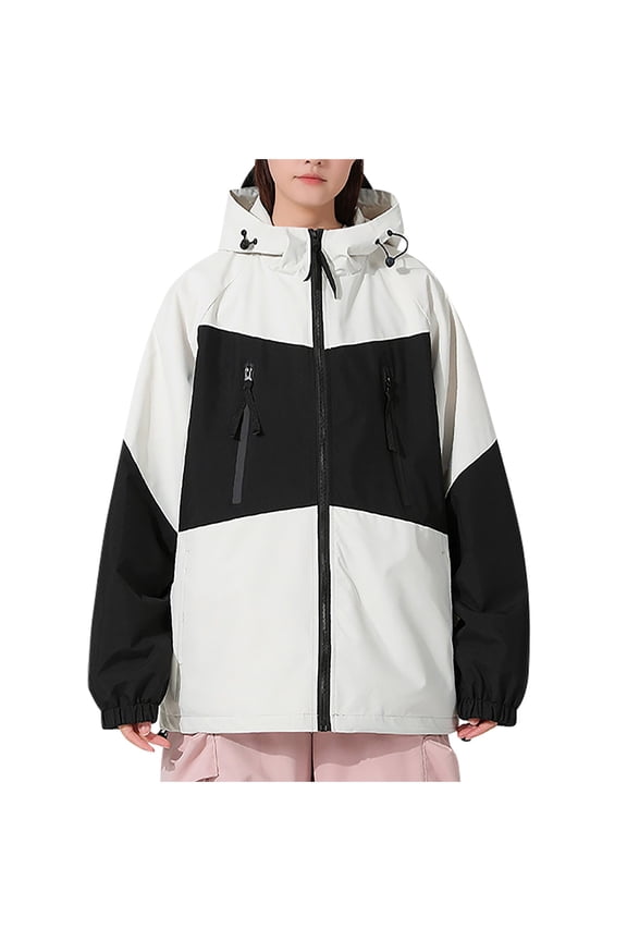 Outdoor Jackets For Women Waterproof Windproof Hooded Front Zipper Color Block Hiking Sports Outwear With Zip Pockets (XL, White)