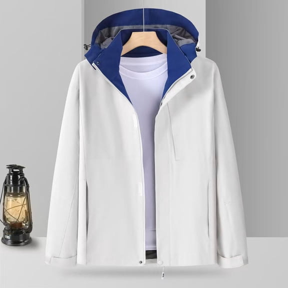 Outdoor Jackets Men & Women Hooded Front Zip Long Sleeve Windbreaker Plus Size Hiking Travel Outwear With Pockets (4XL, White)