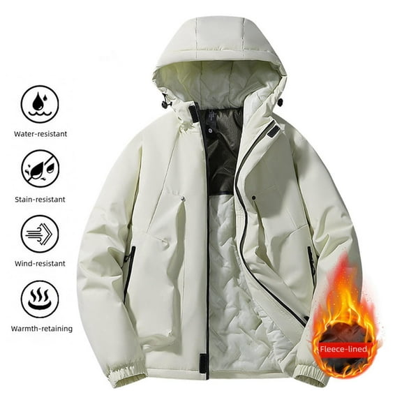 Outdoor Jackets Unisex Hooded Front Zip Stand Collar Fleece Lined Coat Thick Thermal Winter Outwear With Zipper Pockets (3XL, White-A)