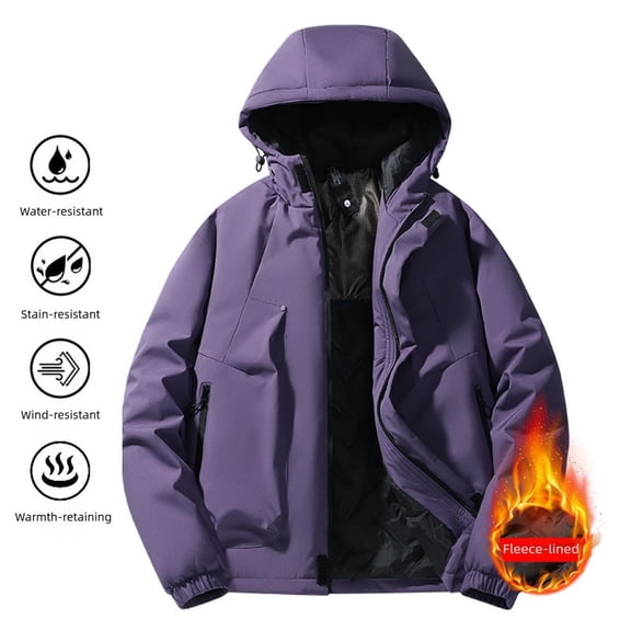 Outdoor Jackets Unisex Hooded Front Zip Stand Collar Fleece Lined Coat Thick Thermal Winter Outwear With Zipper Pockets (XXL, Purple)