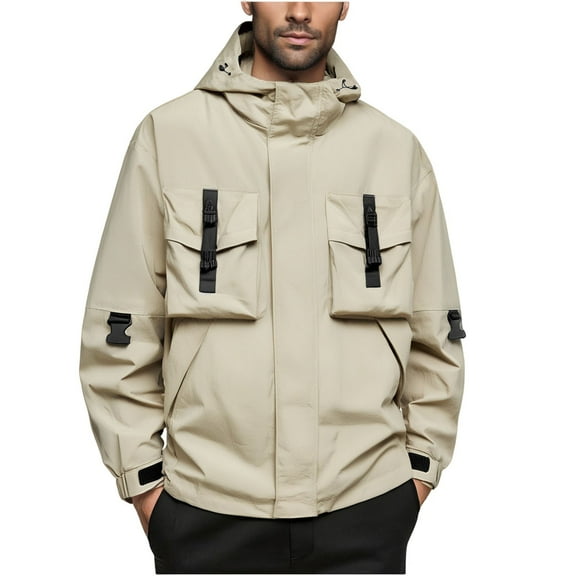 Outdoor Jackets Waterproof For Men Hooded Full Zip Button Cardigan Stylish Loose Sports Outwear With Multi Pockets (XXL, Khaki)