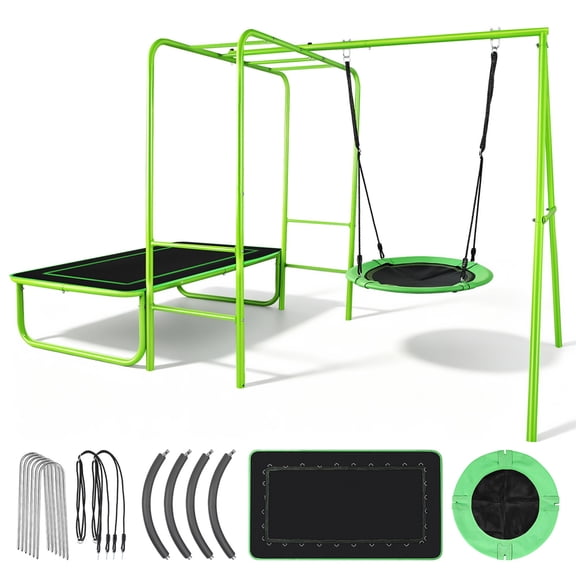 Outdoor Jungle Gym with Monkey Bars, Saucer Swing & Trampolone, Swing Sets for Backyard, 220lbs Heavy Duty Steel Frame