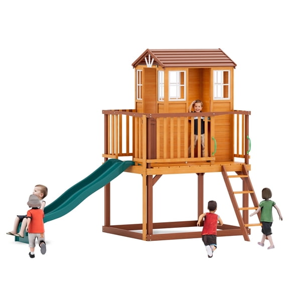 Outdoor Kids Playhouse, Cedar Wood Playhouse with Slide,Growth Chart,Interactive Play Kitchen,Installation Manual and Videos