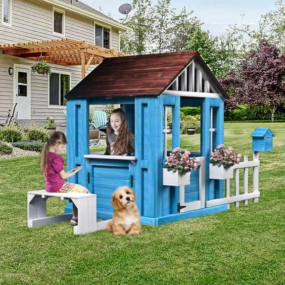 Outdoor Kids Playhouse, Wooden Kids Play House w/Picnic Bench, Half Door, Windows, Mailbox, Fence, Flowerpot Holders, Cottage Playhouse for Backyard, Garden, Lawn, Patio, for Kids Ages 3-8, Blue
