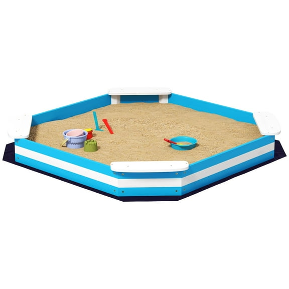 Outdoor Kids Sandbox with Built-in Seats, 52x52 Inch Play Area with Protective Liner for Backyard and Garden, Blue