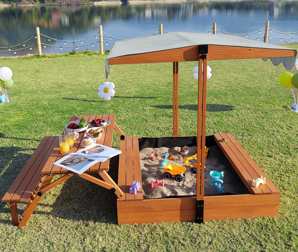 Outdoor Kids Sandbox with Picnic Table Foldable Sand Box with Canoppy Wooden Sand Pit with Lid Cover