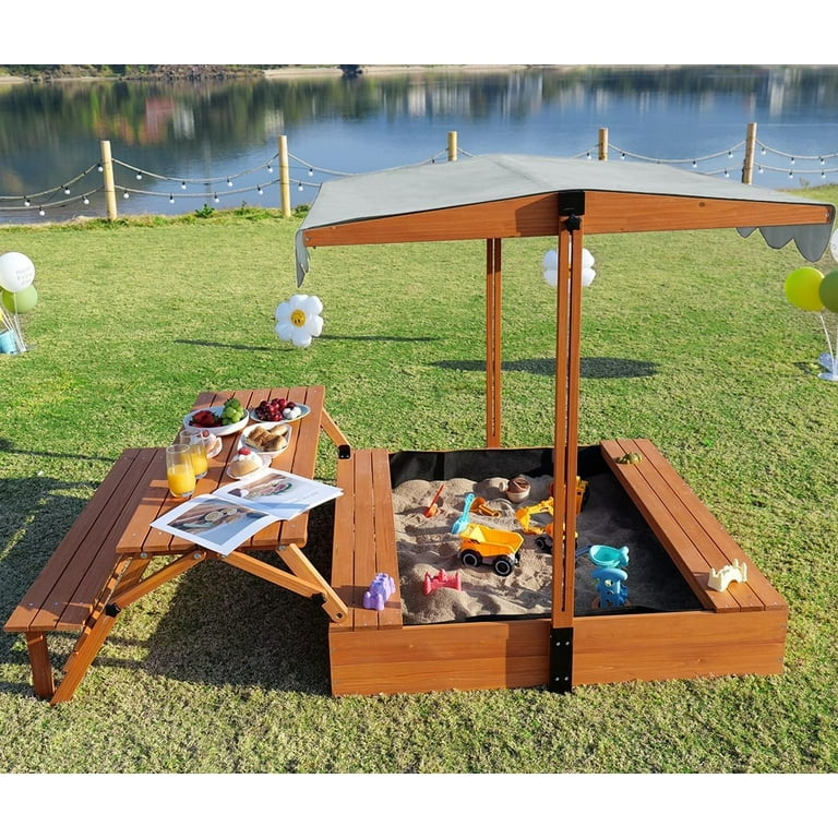 Luyitton, Kids Sandbox with Picnic Table, Foldable Canopy, Sand