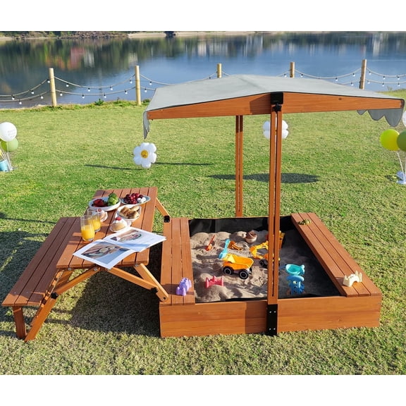 Outdoor Kids Sandbox with Picnic Table Foldable Sand Box with Canoppy Wooden Sand Pit with Lid Cover