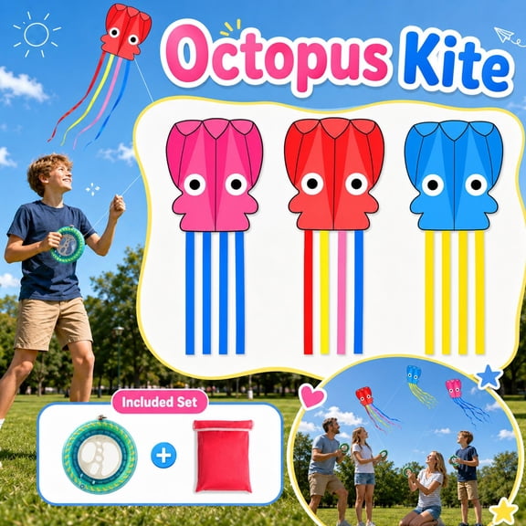 Outdoor Kids Toys, Giant Pink Octopus Kite, Beach Essentials for Student, Beach Games for Student, Soft Inflatable Cartoon Octopus Kite, Complete Set with Kite Reel and Carry