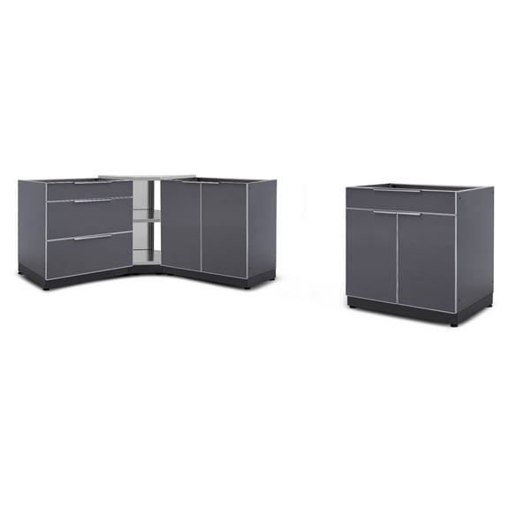 NewAge Products Outdoor Kitchen Aluminum 4 Piece Cabinet Set with Corner Shelf, 2-Door, 3-Drawer and Bar Cabinet