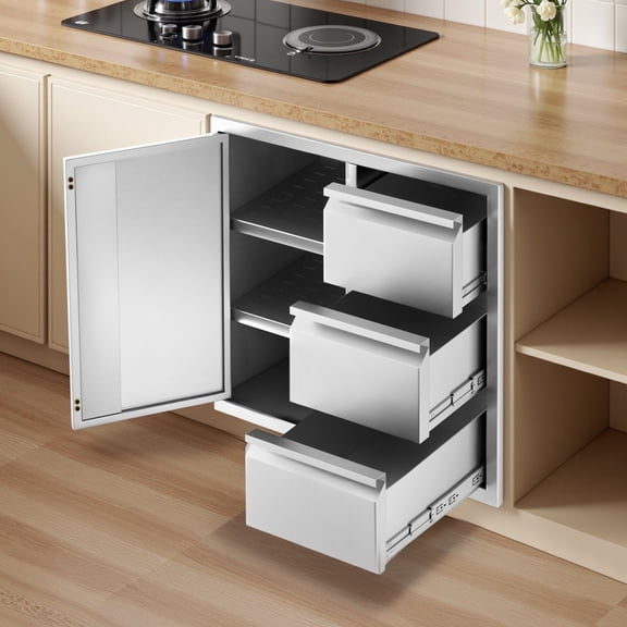 Outdoor Kitchen Cabinets with Partition, Embedded Stainless Steel Cabinet, 28" W x 22" H x 19.5" D Outdoor Kitchen Drawer Combo Cabinet for Outdoor Kitchen Island