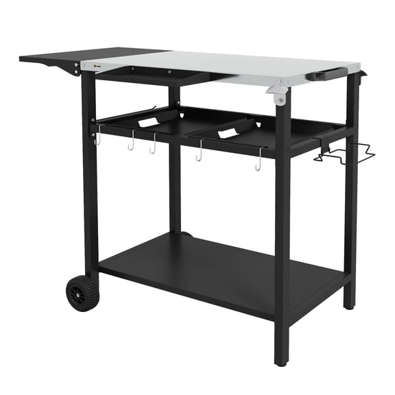 Outdoor Kitchen Cart - Black Bar Serving Cart with Stainless Steel Top, Dual Shelves, Foldable Table, Hooks & Spice Holders - Portable BBQ Cart for Patio, Garden, and Entertaining