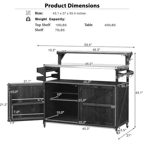 Outdoor Kitchen Cart with Raised Shelf, 53.3" Rolling Grill Island with Storage Rack and Gas Passage
