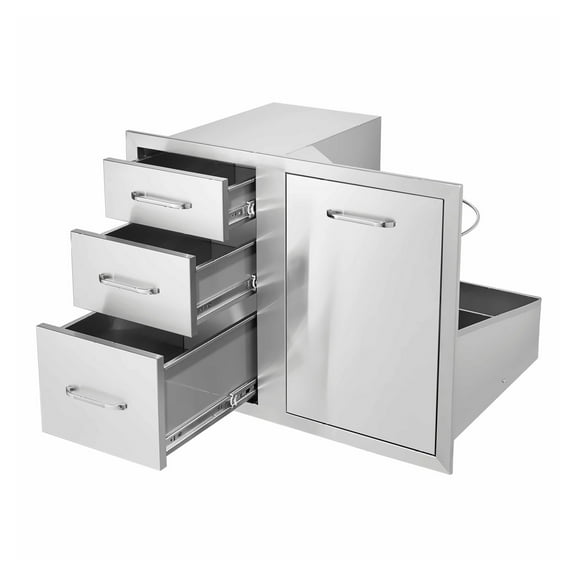 Outdoor Kitchen Drawer Combo 29.5" W, BBQ Island Drawers, Access Door & Triple Drawers, Propane Tank Storage, Stainless Steel Patio Grill Station