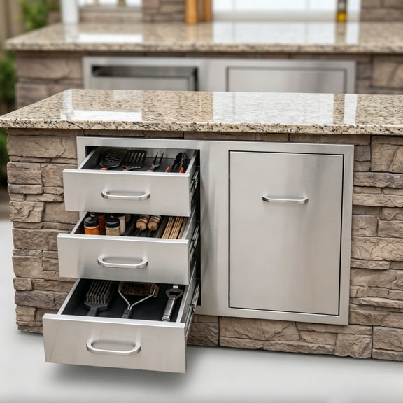 Outdoor Kitchen Drawer Combo, 30"W x 22"H x 23"D Stainless Steel BBQ Access Triple Drawers and Single Door Combo Cabinet for BBQ Island Grill Station
