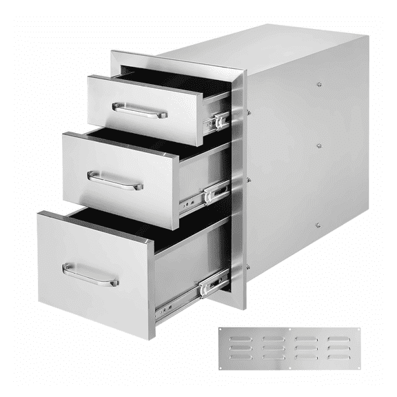 Outdoor Kitchen Drawers 14" W, Stainless Steel BBQ Island Drawers, Triple Access Grill Drawers for Patio, Flush Mount Outdoor Kitchen Storage