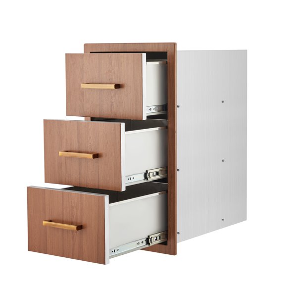 Outdoor Kitchen Drawers 16" - Flush Mount Triple BBQ Drawers, Stainless Steel Handle, Weather-Resistant for Grill Station, Brown