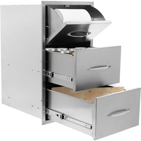Outdoor Kitchen Drawers, 18" W x 20.5" H x 23" D Stainless Steel BBQ Drawer with Paper Towel Holder Combo, Flush Mount Triple Access Drawers with Handle for Outdoor Kitchen Island,