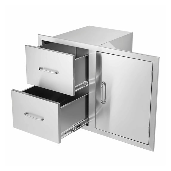 Outdoor Kitchen Drawers 32.5" BBQ Island Combo - Access Door & Double Drawers, Stainless Steel Handles, Paper Towel Rack