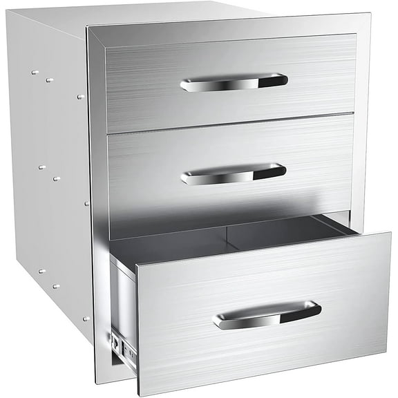 Outdoor Kitchen Drawers, BBQ Drawers for Outdoor Grill Station, 16''W x 21''H x 23''D Stainless Steel Built-in Cabinet with Handle, Weatherproof and Durable Storage for BBQ Accessories and Trash