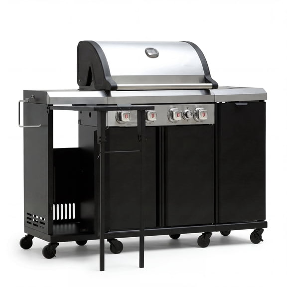 Outdoor Kitchen Grill with 5-Burner , Side Burner and Sink, 44,000 BTU Stainless Steel Propane Grill, Storage Cabinet, LPG/NG Convertible, Black