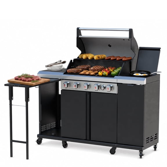 Outdoor Kitchen Grill with 5-Burner , Side Burner and Sink, 52,000 BTU Stainless Steel Propane Grill, Storage Cabinet, LPG/NG Convertible, Black