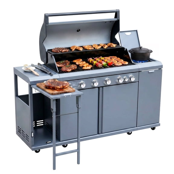 Outdoor Kitchen Grill with 6-Burner , Side Burner and Sink, 72,000 BTU Stainless Steel Propane Grill, Storage Cabinet, LPG/NG Convertible, Black