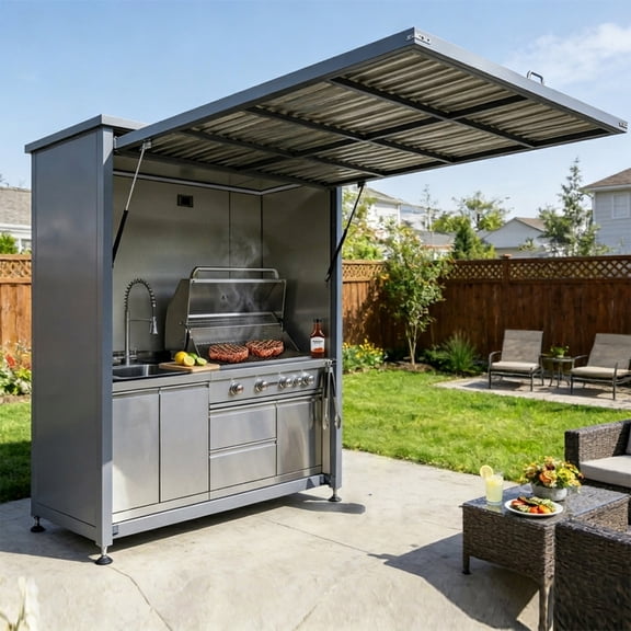 Outdoor Kitchen Island with 6-Burner Gas Grill & Flip-up Enclosure, 90,000 BTU Stainless Steel BBQ Station with Electric Rotisserie, Sink, Marble Countertop & Weatherproof Storage for Patio Backyard
