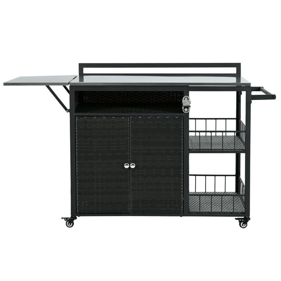 Outdoor Kitchen Island 63.5 Foldable Side Tabletop Cooking Station Dark Brown Grill Cart with Ample Storage Space for Backyard BBQ Patio