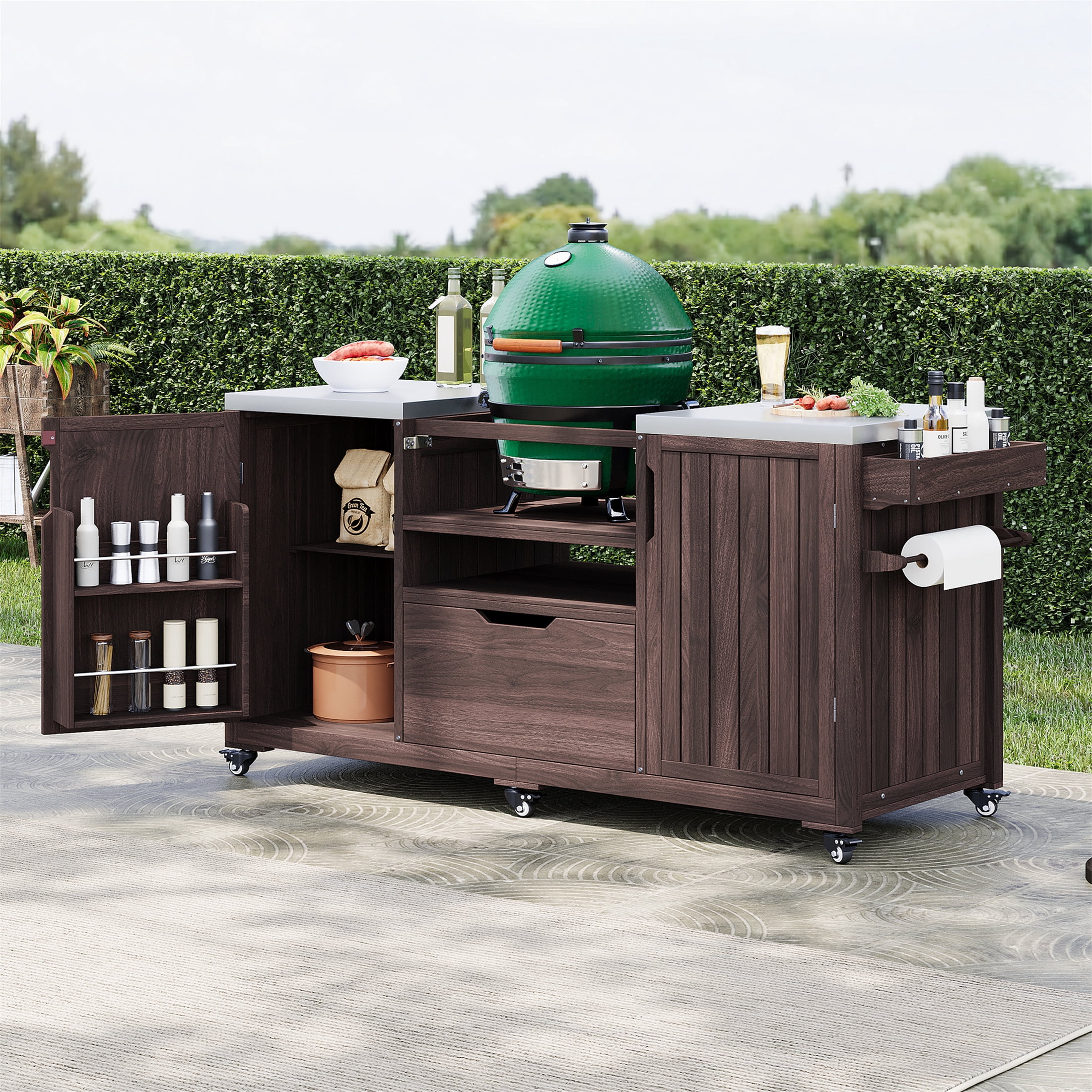 Outdoor Kitchen Island 66.5 Inch, Solid Wood Grill Cart for Patio, Dark Brown