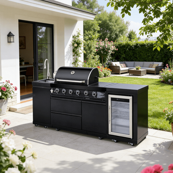 Outdoor Kitchen Island 85.2 Inch 4+1 Burner Propane Gas BBQ Grill 71500 BTU 304 Stainless Steel With CSA, ETL Certification + Sink + Refrigerator