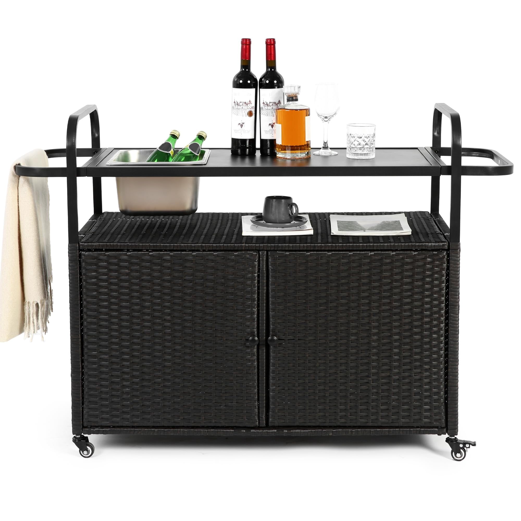 Outdoor Kitchen Island Bar Cart with Wheels, Waterproof Wicker Grill ...